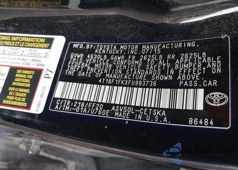 2015 Toyota Camry Se from USA, damaged, VIN 4T1BF1FKXFU993736